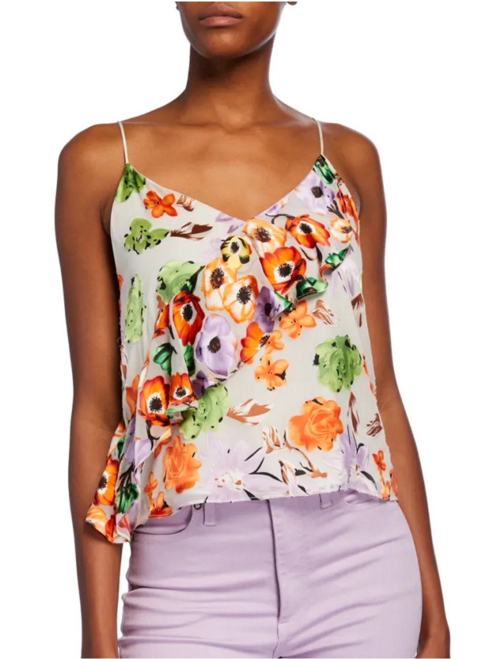 Alice + Olivia Cream Floral Asymmetric Ruffle Camisole